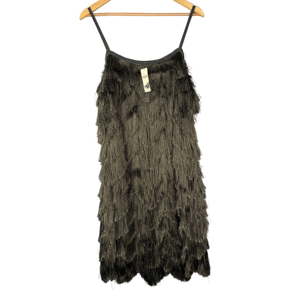 Anthropologie Pankaj & Nidhi‎ Fringe Dress Womens L Green Beaded Tiered Mini